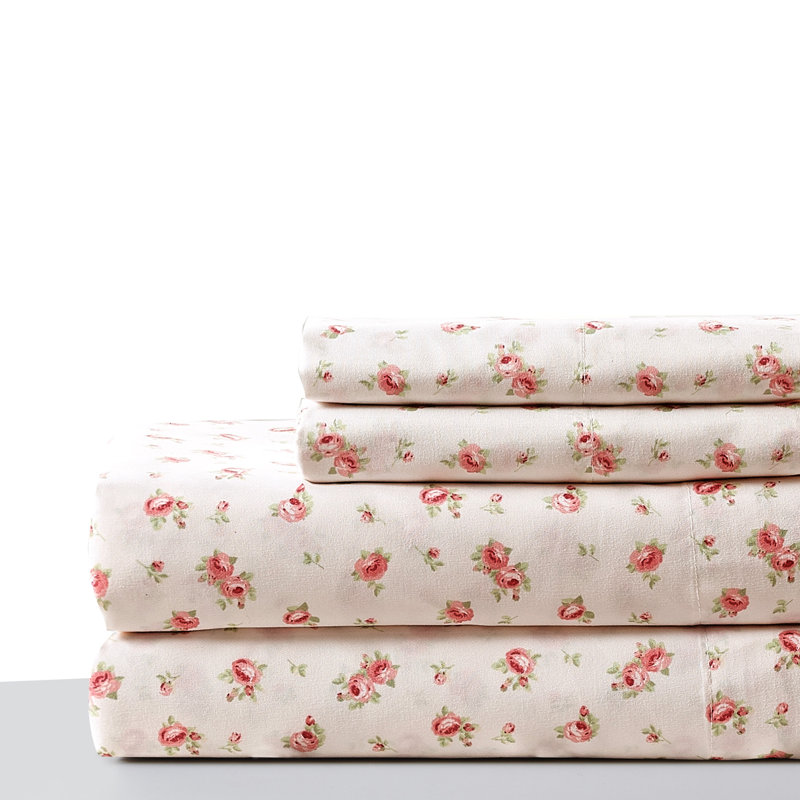 Ensemble de draps Melun, Rose / blanc, Ensemble de draps pour lit double + drap-housse + 