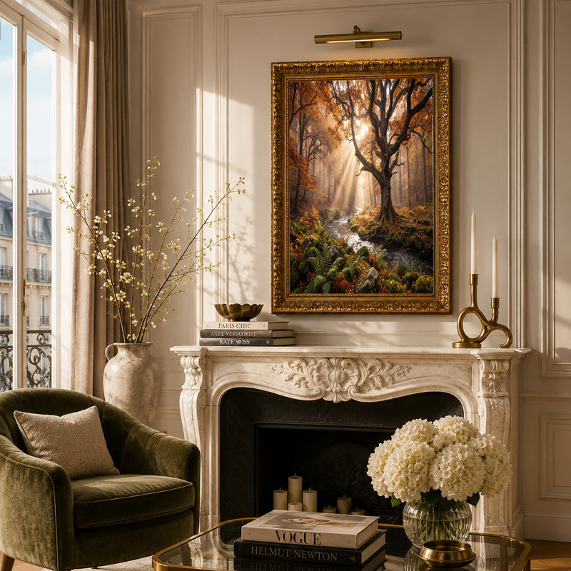 Toile dorée à travers un arbre antique sur un ruisseau moussu, art mural, H 24 po x l 36 po