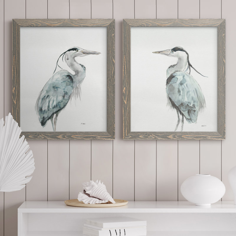 Blue Heron I - ensemble de 2 reproductions d'art sur toile encadrées, Encadré gris, H 20 po x l 17 po x P 1 po