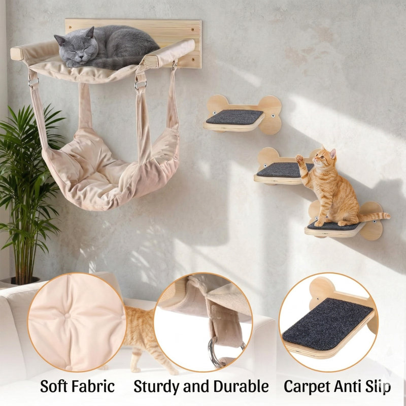 Hamac double mural pour chat avec 3 marches, tablette et perchoir d'escalade en pin, mobilier mural multifonctionnel pour dormir, jouer et grimper, installation facile