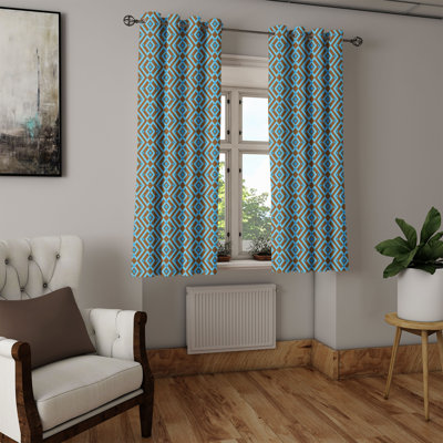 Latitude Run® Geometric Grommet Curtain Decorative 2-Panel Window Drapes, 50"x63", Brown and Sky Blue