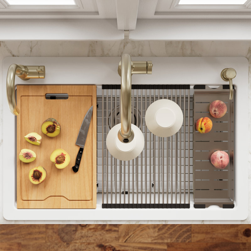 Évier de cuisine à simple cuve à montage sur plan 33 po x 22 po Karran Quartz, Blanc