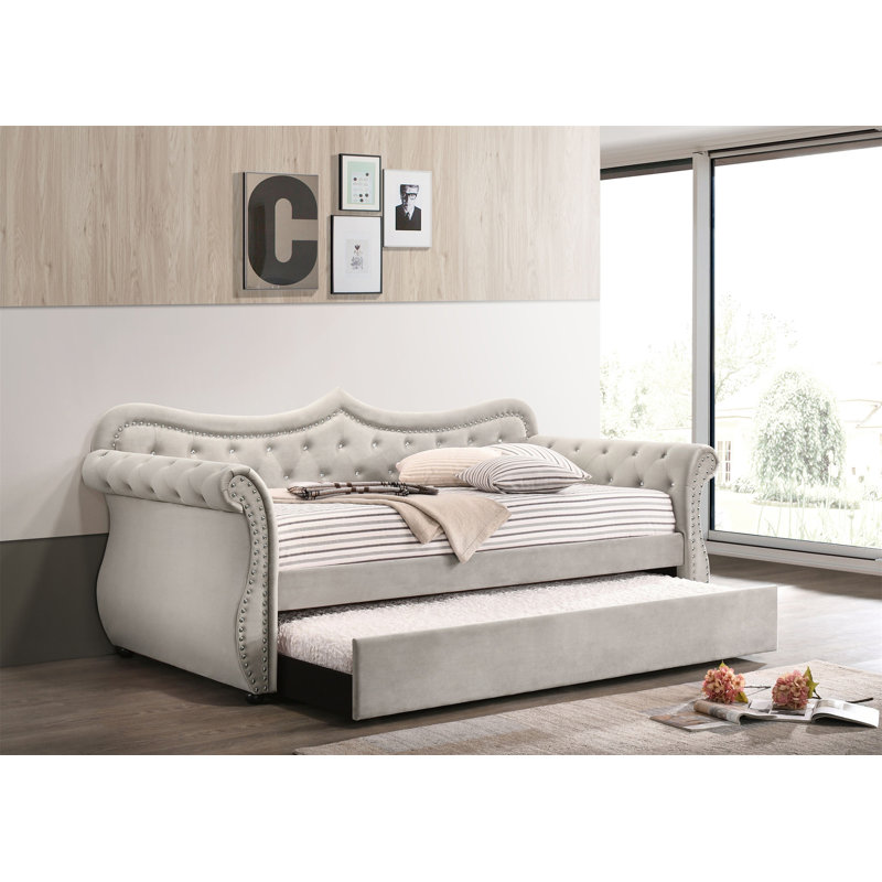 Dominick Tufted Velvet Daybed with Trundle & Wooden Legs, Beige