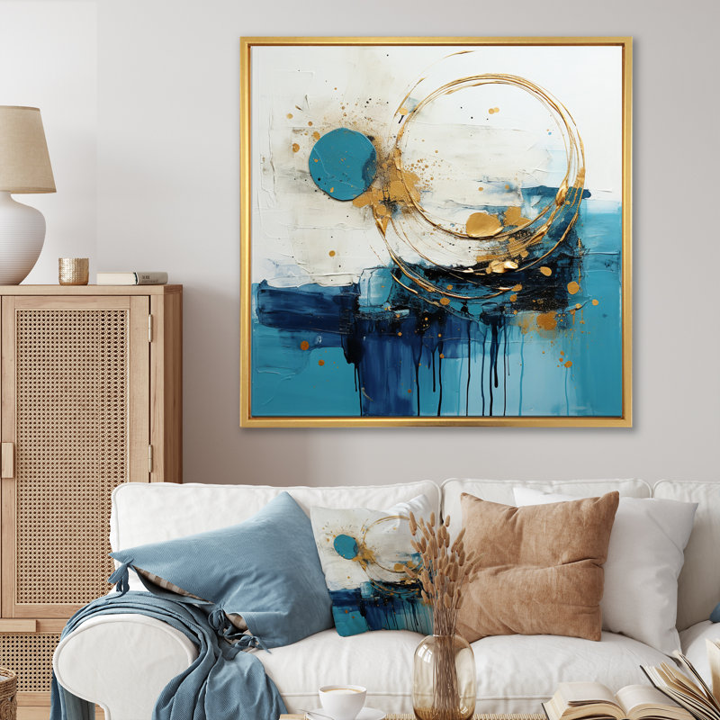 Céleste délice abstrait en turquoise et or I - reproduction d'art sur toile, H 30 po x l 30 po, Cadre flottant doré