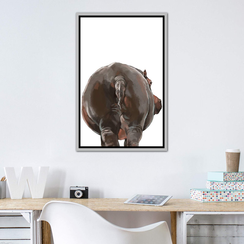 Art hippopotame, Toile avec cadre argenté, H 48 po x l 32 po x P 1,5 po