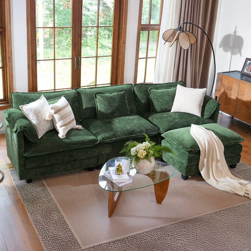 Canapé modulaire rembourré réversible en L de 113 po avec repose-pieds Amabilia, Chenille verte