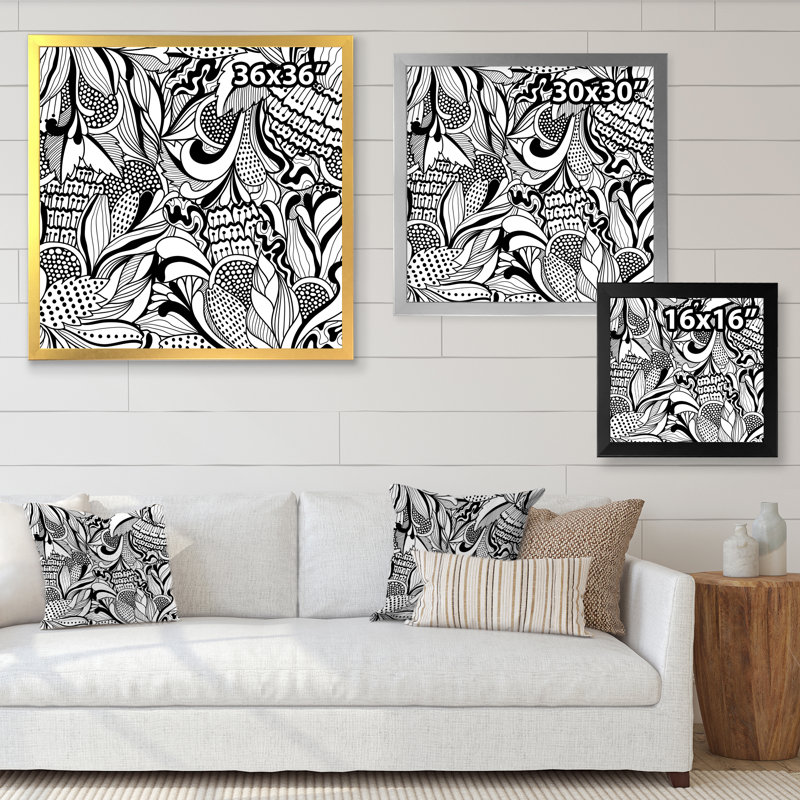 Fleurs abstraites en noir et blanc - Impression sur toile, H 36 po x l 36 po, Toile avec cadre photo doré