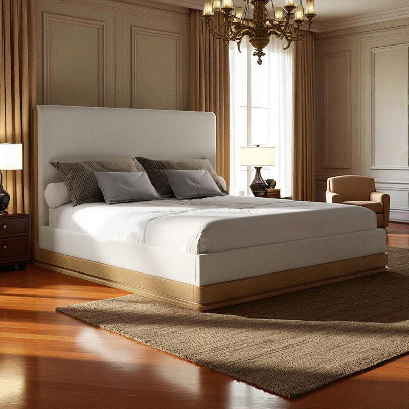 Lit beige en tissu et chêne EK, Lit double