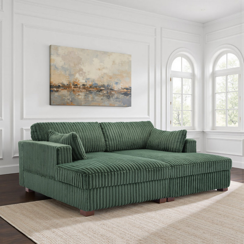 Bentura Oversized Upholstered Green Faux Rabbit Fur Flannel  Sleeper Sofa Bed Lounge sofa with Armrests & Throw Pillows
