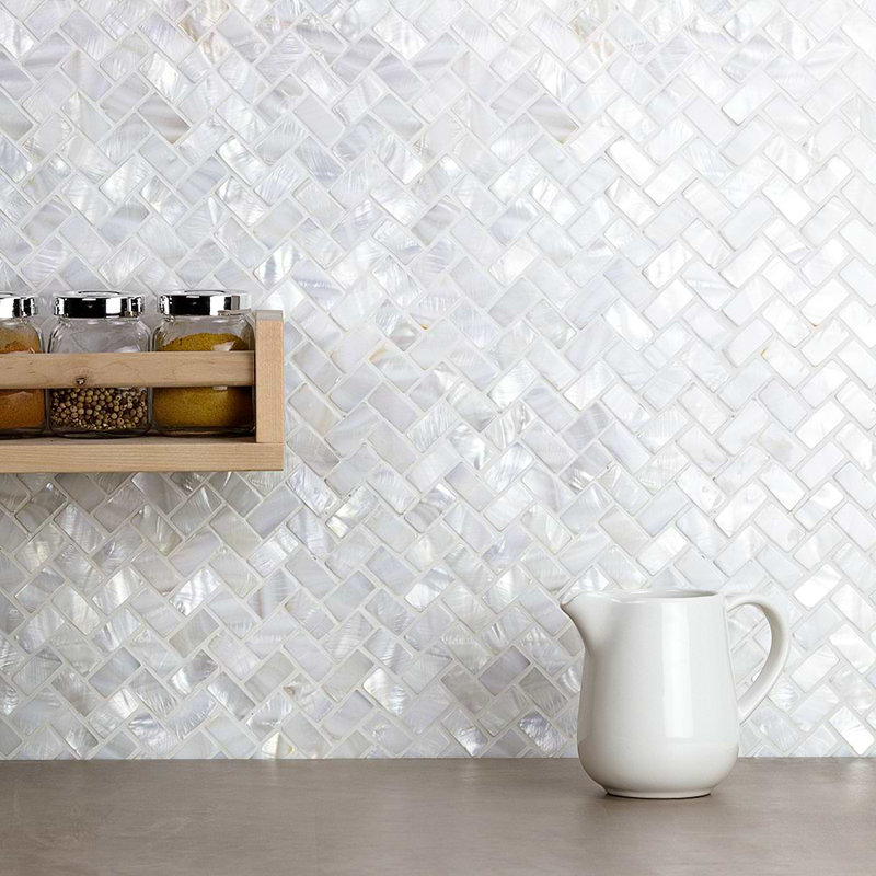 Oyster .5x1 Herringbone Polished Pearl Mosaic Tile