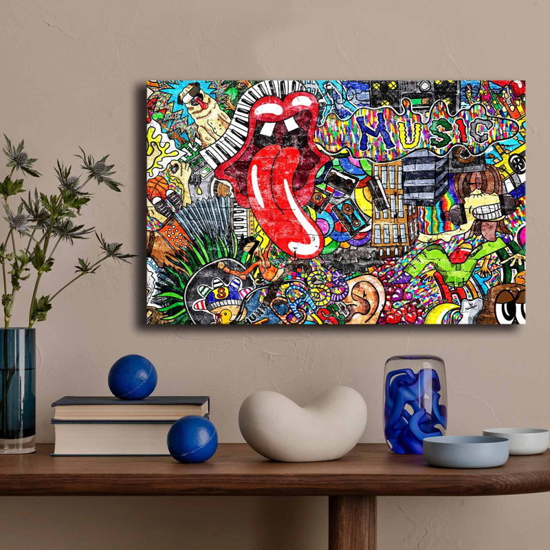 Toile d'art graffiti colorée d'inspiration musicale colorée avec des lèvres rouges et un cadre en bois sur toile - 27,6 po x 17,7 po