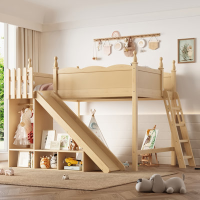 Full Loft Bed with Storage Shelves and Wardrobe, Solid Wood Loft Beds with Detachable Slide and Ladders, No Spring Box Needed,Natural