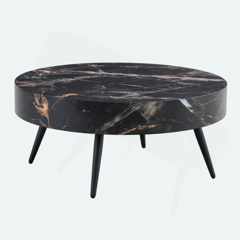 31.5" Round Mid-Century Modern Coffee Table, Natural Wood Top with Black Metal Hairpin Legs, Black