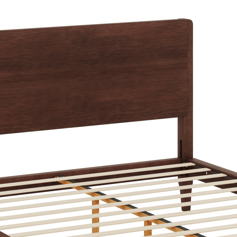 Lit plateforme en bois de bambou de style Mid-Century avec support en lattes de bois, Double, Chocolat