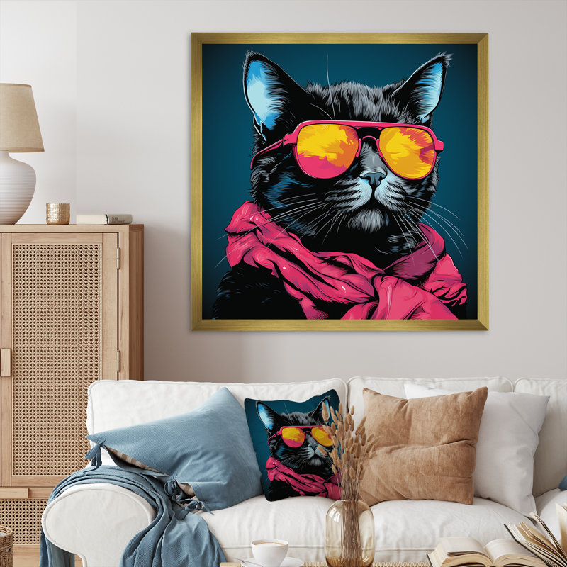 Chat froid avec des lunettes de soleil jaunes sur toile, H 24 po x l 24 po x P 1 po, Cadre doré à une seule photo
