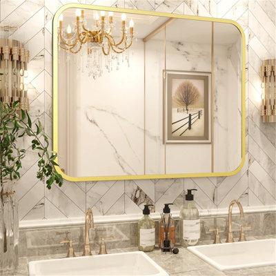 Bathroom Vanity Mirror For Over Sink 40" × 32" Rectangle Gold Mirror With Round Corner For Bedroom Seamless Anti-Rust Polymer Coated Shatterproof Glass (Includes Mirror Only)