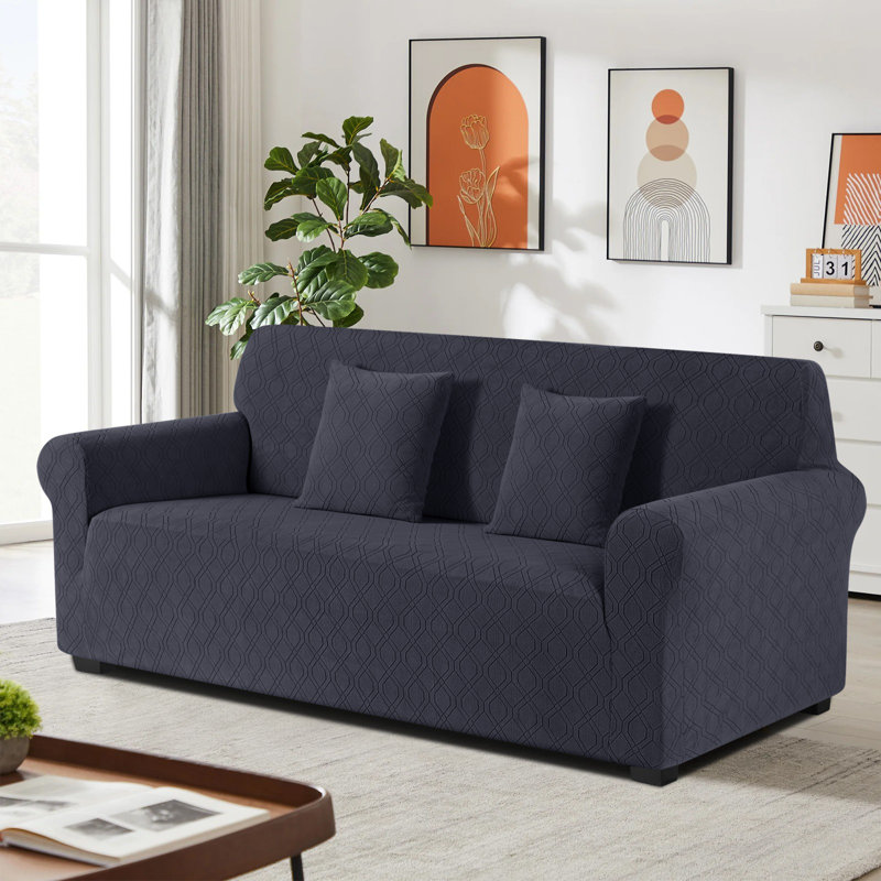 Wald 3 Seat Stretch Jacquard All Seasons Sofa Slipcovers 1-Piece Couch Sofa Covers With 2 Pillow Cover, Dark Gray
