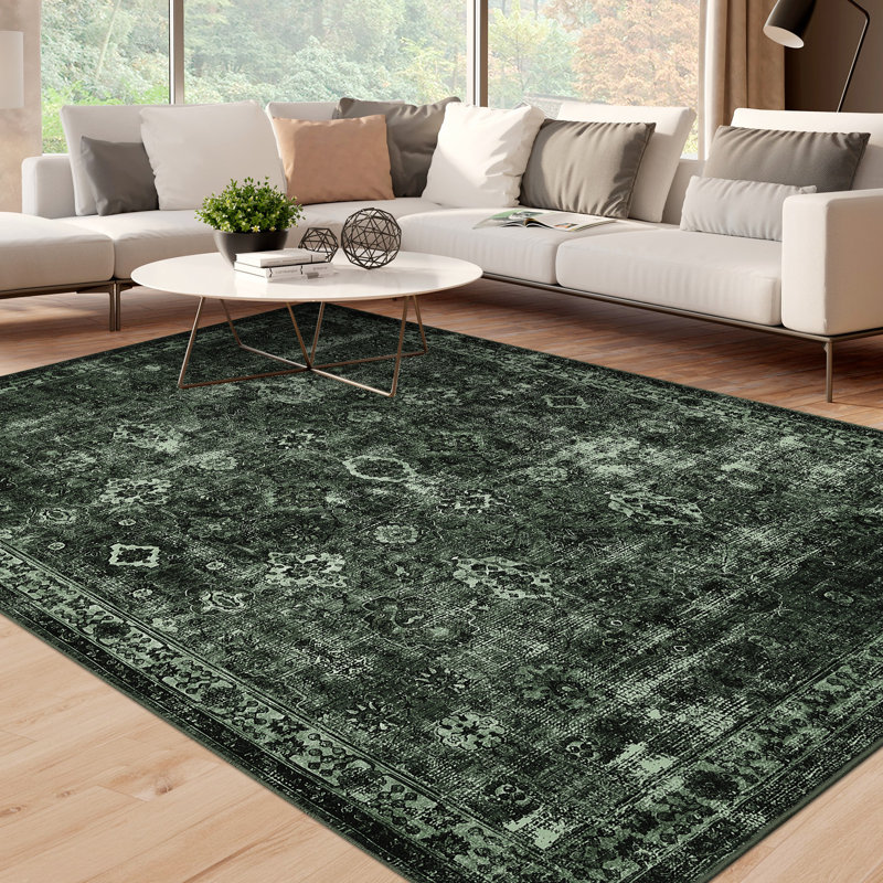 Tapis à motif floral rétro Boho, Green, Rectangle 10' x 13'