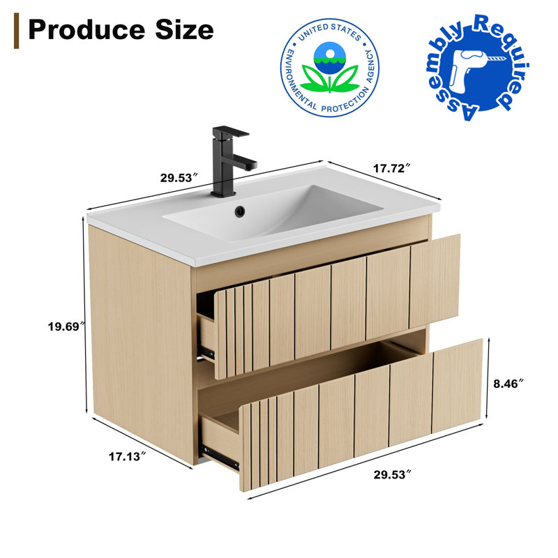 Ensemble de meuble-lavabo mural 30 po avec lavabo, robinet et bonde, meuble flottant Air Tune, 30"