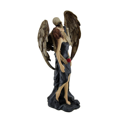 Gothic Kiss of Death Black Cold Cast Resin Skeleton Angel Statue for Tabletop Decor — 10 in. Tall X 5 in. Long X 4 in. Wide