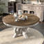 Élégante salle à manger rustique 5 pièces avec table ronde et 4 chaises d'appoint, sièges rembourrés en tissu, finition blanc antique, fabrication en bois massif, base en piédestal, incrustations complexes Détails style A, bois