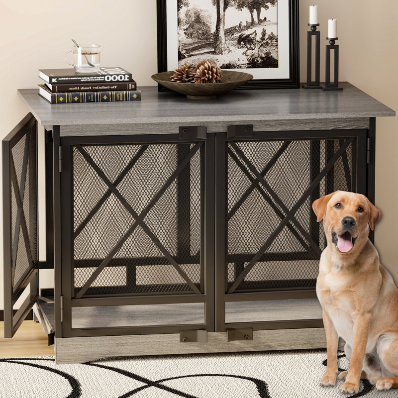 48 Inch Heavy Duty Wooden Dog Crate Furniture for XLarge Dogs - Double-Door Kennel with Modern End Table Design, Gray