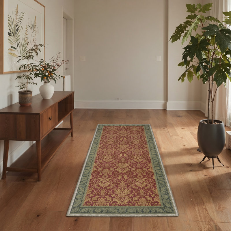 Foliage Floral Machine Washable Green / Red / Yellow Indoor Area Rug with Non-Slip Backing, Runner 2' x 6'