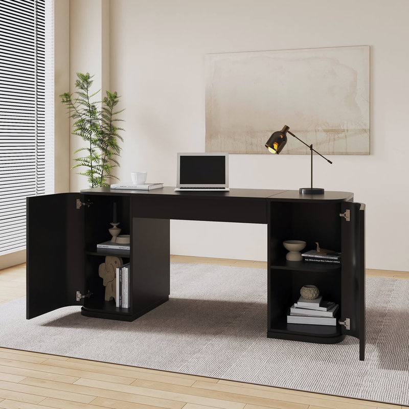 59.8" Standing Computer Desk With 2 Doors And Storage Office Desk, Black