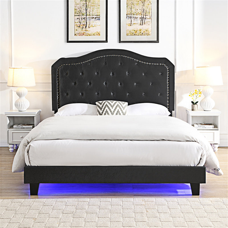 Upholstered Button Tufted Bed With LED Light