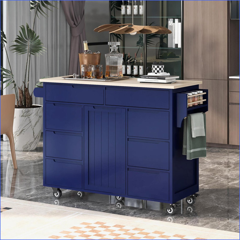 Chariot pour îlot de cuisine avec plateau en bois d'hévéa, 8 tiroirs Rangement à couverts | Bleu marine | Panneau de fibres à densité moyenne