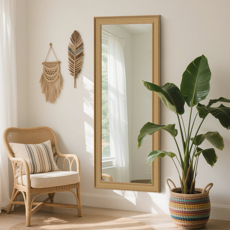 Rexford  Natural Wood Rattan Mirror Farmhouse Wall Decoration, 60" x 24"