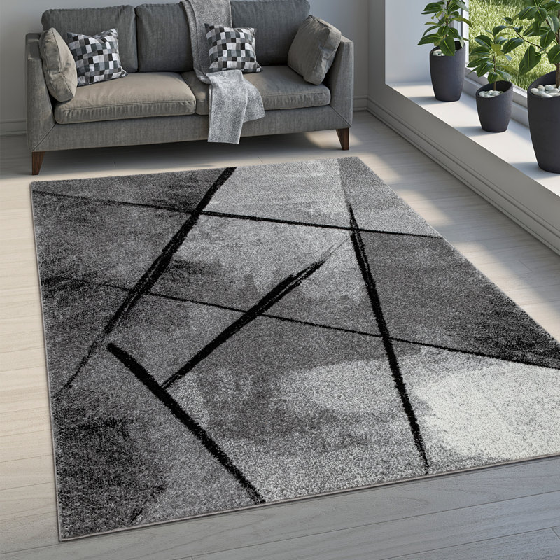 Tapis moderne à rayures abstraites noires et abat-jour gris Arianny, Rectangle 6 pi 7 po x 9 pi 6 po