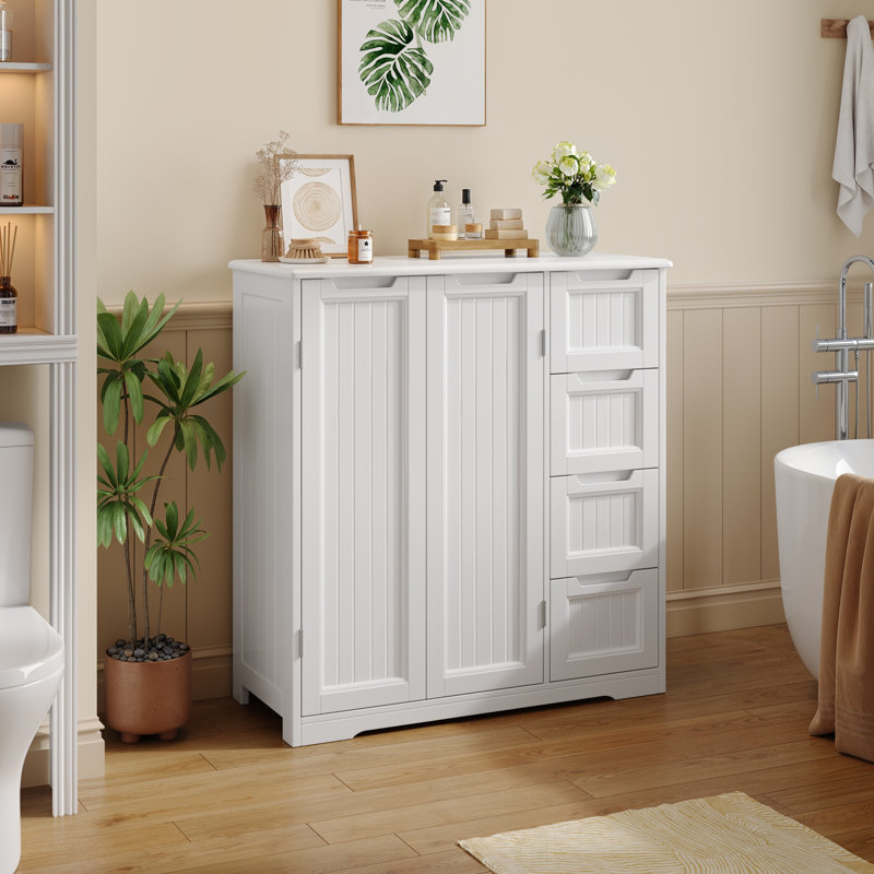 31.5" Freestanding MDF Bathroom Storage Cabinet with 4 Drawers, Adjustable Shelf, Double Doors and Anti-Tip Kit, Silver