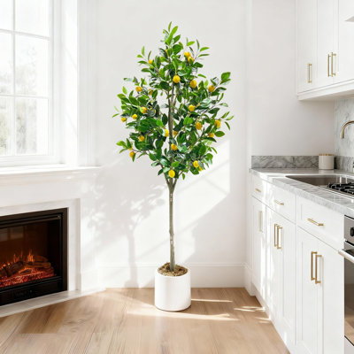 6FT Lemon Tree Artificial with Realistic Trunk, Leaves & Fruits in White Planter, Tall Faux Plants Indoor No Maintenance, Fake Lemon Tree for Home Office Living Room Decor