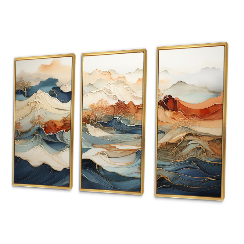 Abstrait orange et bleu, rivière bleue, encre III, ensemble d'art sur toile marbrée, H 32 po x l 48 po x P 1 po
