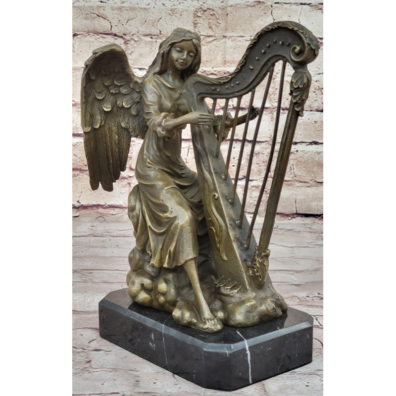 Statue ange ailé jouant de la harpe céleste - statue commémorative en bronze