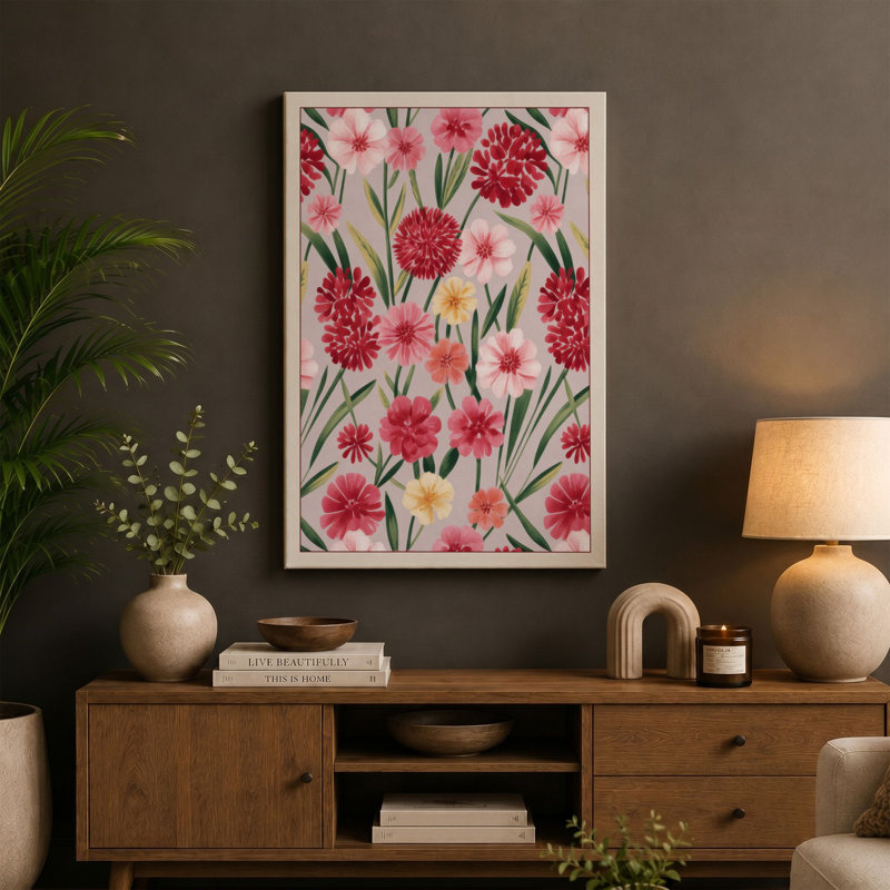 Crimson Carnation Bloom Botanical - Wrapped Canvas, 18x12 - 45.7 x 30.5 cm, Black Border
