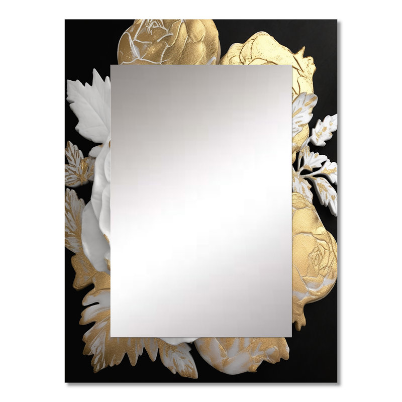 Exquisite White Rose Blooming Floral Gold Glam I - Large Wall Mirror On Metal, 32" x 24"