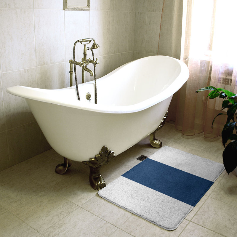 Memory Foam Non-Slip Bath Rug, 21" W x 34" L, White/Navy Blue/White