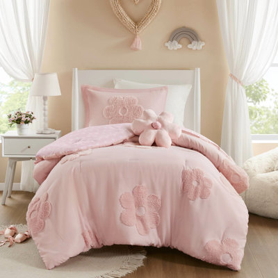 Twin Pink Floral Chenille Comforter With Polka Reverse And Proof Filling 3 Reversible Machine Washable Cover