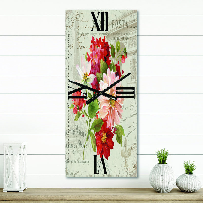 Horloge murale rouge - Fleurs peintes rouges sur une carte postale II, Grand