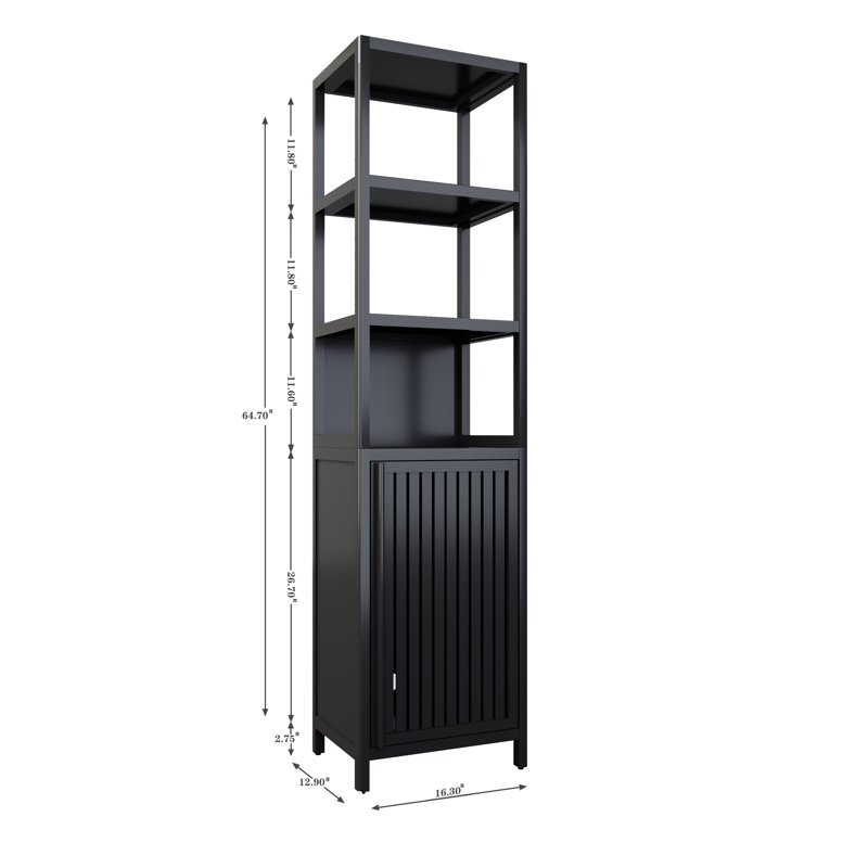 Grande armoire de rangement noire en bambou avec tour à linge autoportante avec porte à volets et 3 tablettes pour la salle de bain, la cuisine et le salon