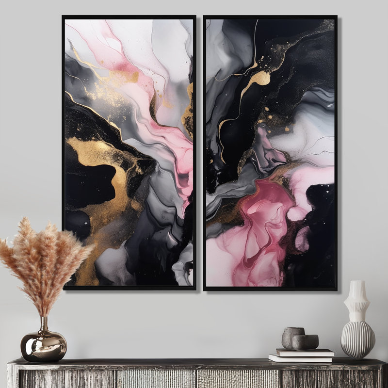 Black Gold Marble Splash II - Marbre abstrait, estampes encadrées, H 40 po x l 40 po, Reproduction avec cadre flottant, Noir