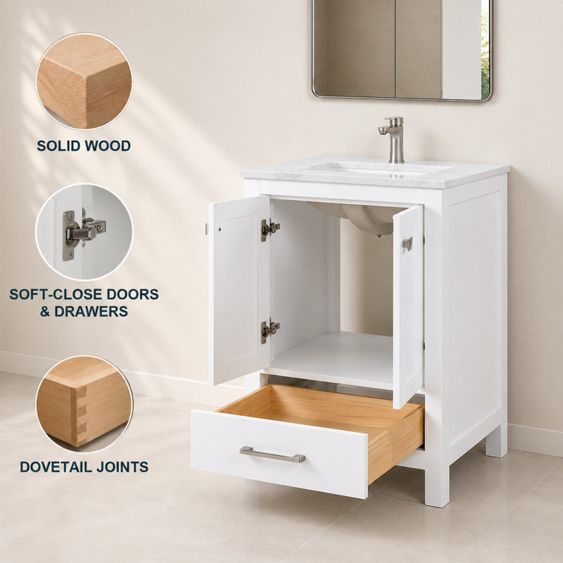 Amandie 24 in. Single Sink Freestanding Bathroom Vanity in Matte White with White Quartz Top, Quartz/White Carrara