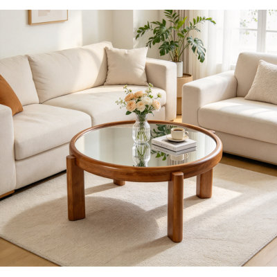 Table basse ronde de 85 cm (33,46 po), table basse rétro de style milieu du siècle avec plateau miroir argenté, structure en bois massif et pieds cylindriques, finition chêne miel pour salon