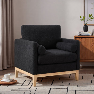Fauteuil d'appoint de style campagne moderne de 35,4 po de largeur avec pieds en bois naturel, fauteuil de lecture à base de bois, canapé simple avec deux traversins pour le salon, les bureaux et le salon