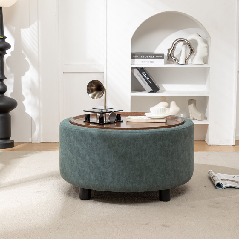 Bryonie Round Cocktail Ottoman with Storage, Blue Performance Faux Leather