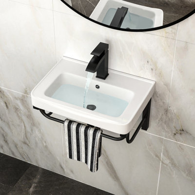 20.06"X14.52" Wall - Mounted Bathroom Sink Of Ceramic With Black 304 Stainless Steel Towel Bar, Scratch Proof, Pre Drilled Hole Rectangular For Overflow And Weight Bearing Capacity, Easy To Keep Tidy
