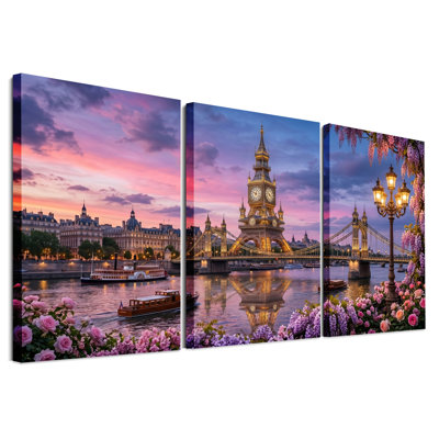 «London Skyline at Dusk with Wisteria and Roses», ensemble de 3 toiles murales