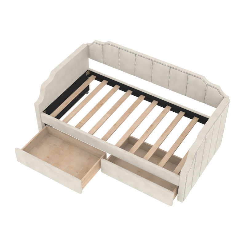 Reetal Twin Size Upholstered Daybed With Drawers, Beige